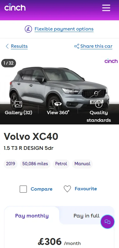 cinch mobile car details and monthly payment interface