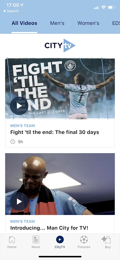Manchester City CityTV mobile app interface