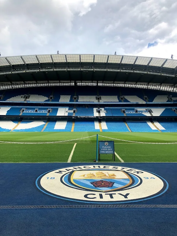 The Etihad Stadium viewed from pitch level