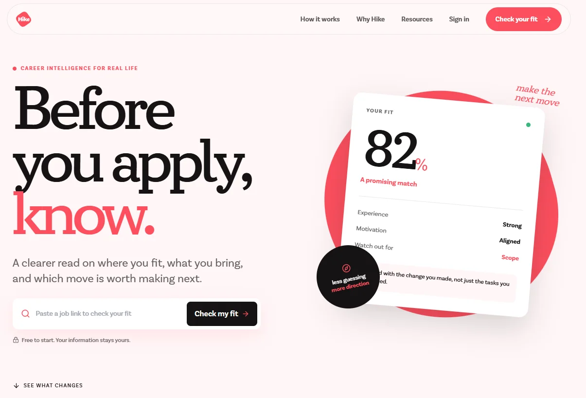 Hike career intelligence homepage showing a job fit score